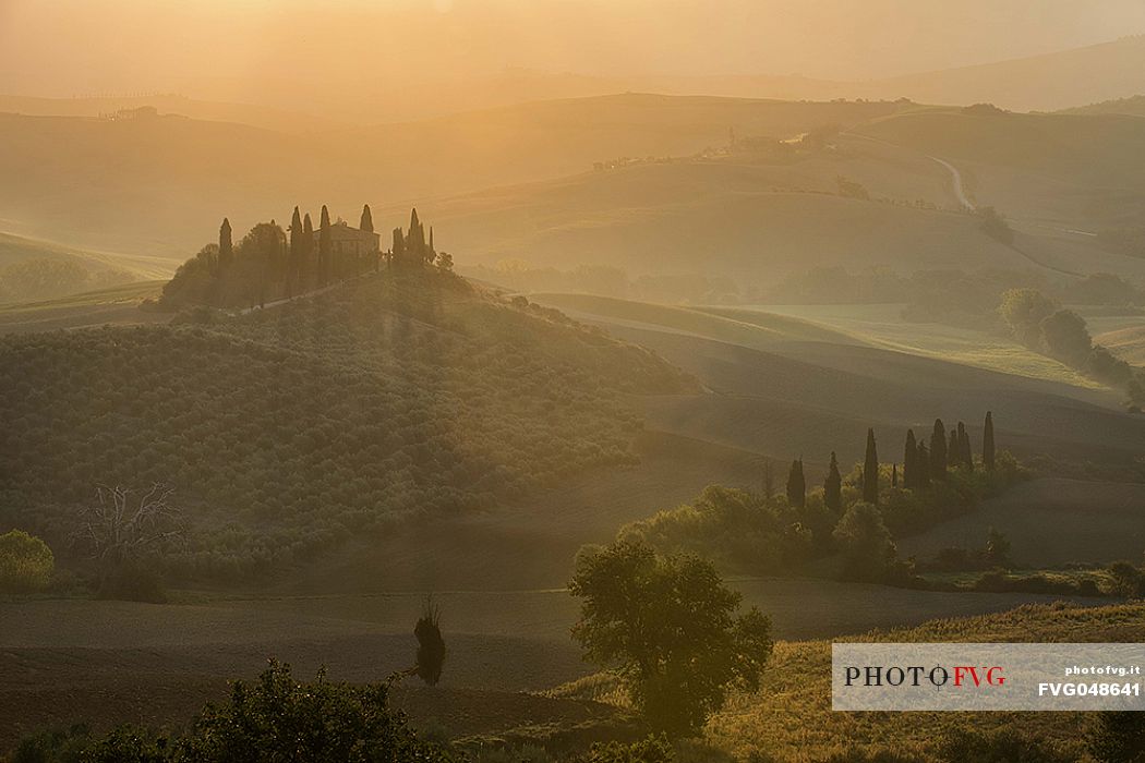 The Belvedere farm, Podere Belvedere in a foggy sunrise, San Quirico d'Orcia, Orcia valley, Tuscany, Italy, Europe