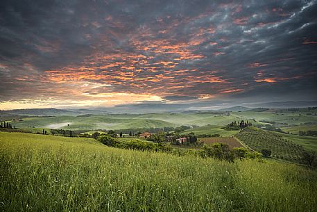 Beautiful sky in the early morning in Orcia valley, Tuscany, Italy