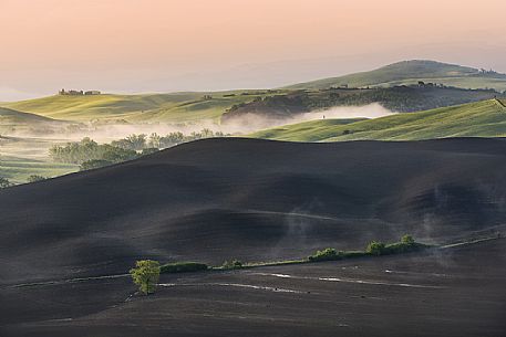 The sun dries the plowed land in Orcia valley, Tuscany, Italy