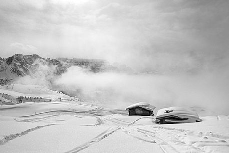 Winter view in val Gardena valley, dolomites, Italy