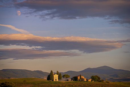 The small chapel of Vitaleta near San Quirico d'Orcia, Orcia valley, Tuscany, Italy, Europe