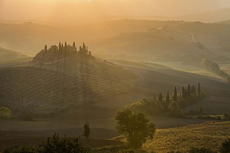 The Belvedere farm, Podere Belvedere in a foggy sunrise, San Quirico d'Orcia, Orcia valley, Tuscany, Italy, Europe