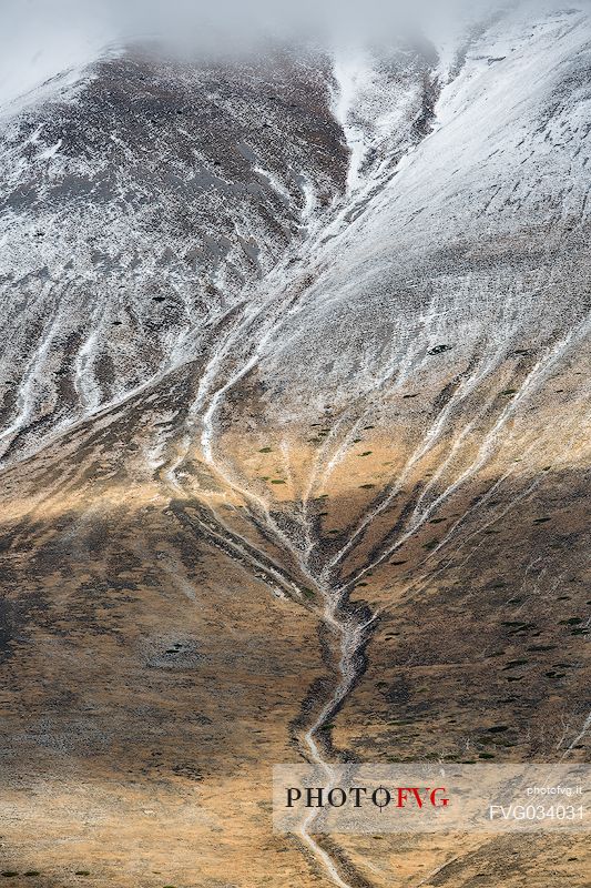 Drawings and patterns on the slopes of Mount Vettore, Castelluccio di Norcia, Sibillini national park Umbria, Italy, Europe