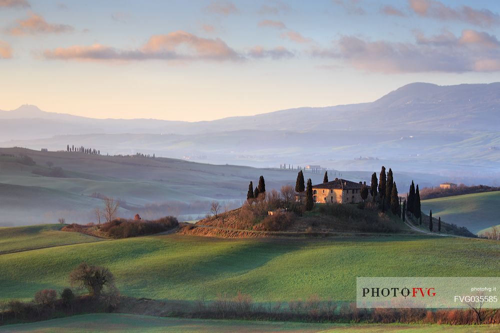 The beauty of the Belvedere farm at dawn, Pienza, Orcia valley, Tuscany, Italy, Europe