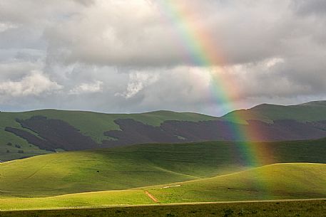 Rainbow over Pian Grande of Castelluccio di Norcia, Sibillini national park, Umbria, Italy, Europe