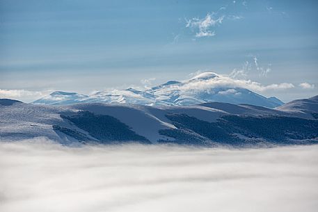 Low fog at Castelluccio on a sunny day, Sibillini National Park, Umbria, Italy, Europe