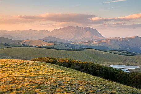 View from the lake of Pantani of Accumoli towards Vettore mountain in the Sibillini national park, Umbria, Italy, Europe