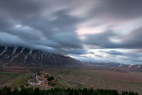 Castelluccio di Norcia village and the Pian Grande from above, Sibillini National park, Umbria, Italy, Europe