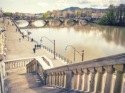 Re Umberto Bridge and Superga mount view from the Po river, Turin, Piedmont, Italy, Europe