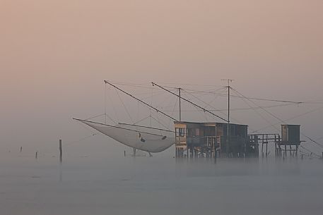 Typical fishing house called Padellone or Bilancione in the Valli di Comacchio, Emilia Romagna