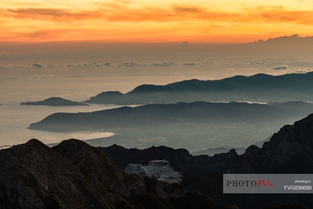 Sunset on Versilia from Mount Pania della Croce, Apuane Alps, Tuscany, Italy, Europe