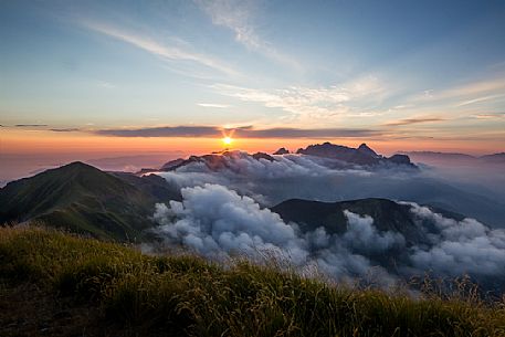 Sunset on Apuane alps from Penna di Sumbra mountain peak,Tuscany, Italy, Europe