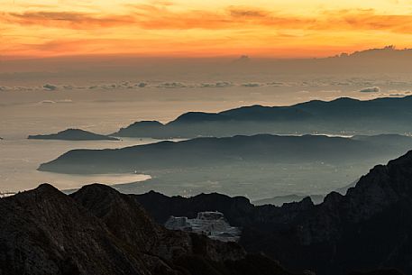 Sunset on Versilia from Mount Pania della Croce, Apuane Alps, Tuscany, Italy, Europe