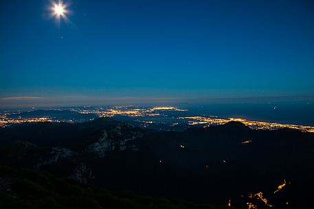 Night view on Versilia from Mount Pania in the Apuane Alps, Tuscany, Italy, Europe