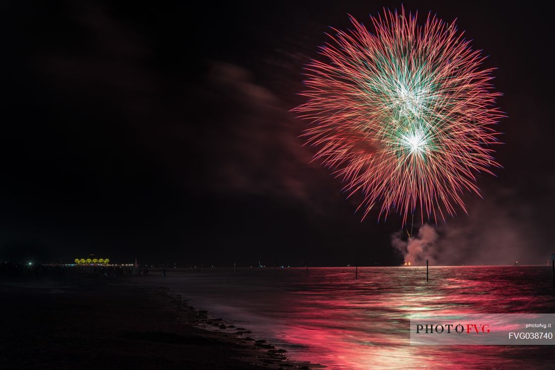 Fireworks on the sea, Lignano Sabbiadoro, Friuli Venezia Giulia, Adriatic coast, Italy, Europe