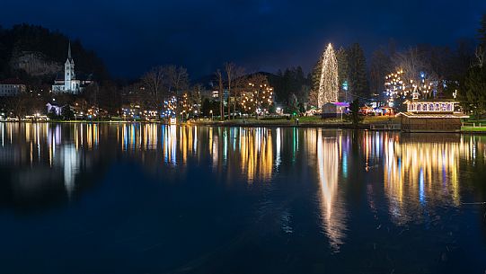 Lake of Blend with christmas lights, Slovenia, Europe