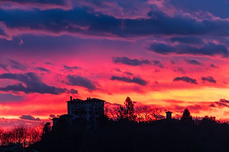 Colorful sky over Castle of Cassacco at sunset, Friuli Venezia Giulia, Italy, Europe