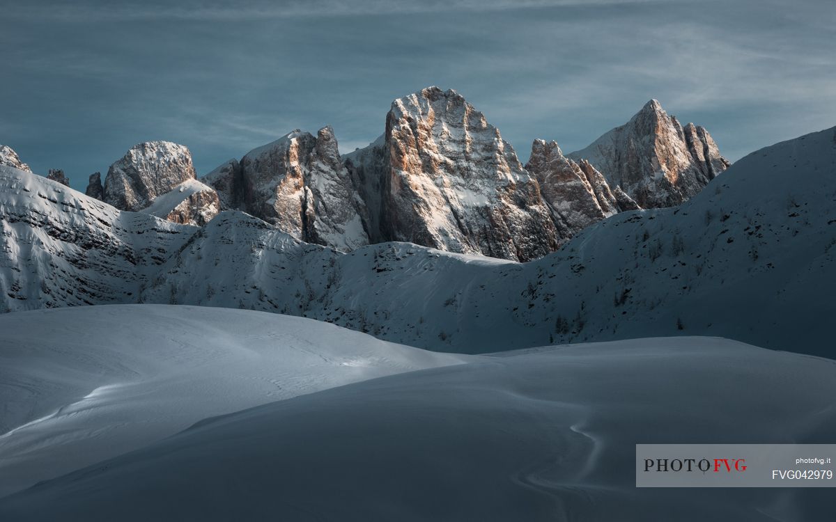 Pale di San Martino in a winter sunset and snow-capped views from the Valles pass, dolomites, Trentino Alto Adige, Italy, Europe