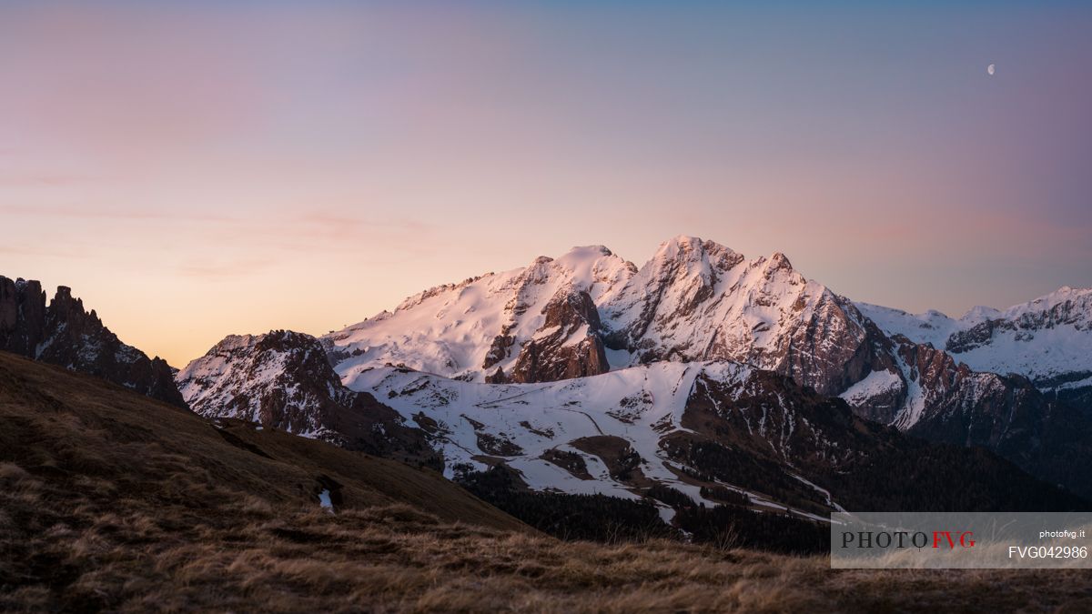 Overview of the Marmolada at dawn, view from near the Sella pass, Trentino Alto Adige