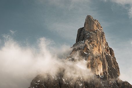 Cimon de la Pala peak during winter season on a cloudy day,from Rolle Pass, Pale di San Martino, dolomites, Trentino alto adige, Italy, Europe