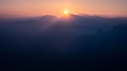 Sunset over Ledro Valley seen from Creino Peak over the Garda Lake, Trentino Alto Adige, Italy, Europe