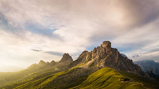 Ra Gusela, Averau and Nuvolao peaks during a cloudy sunset, Cortina d'Ampezzo, dolomites, Veneto, Italy
