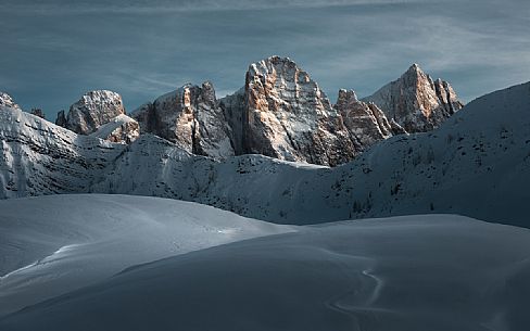 Pale di San Martino in a winter sunset and snow-capped views from the Valles pass, dolomites, Trentino Alto Adige, Italy, Europe