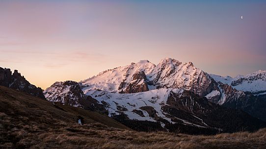 Overview of the Marmolada at dawn, view from near the Sella pass, Trentino Alto Adige