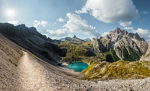 The Piani lakes with Mount Paterno on the left, the Toblin tower in the center and the Crodoni di San Candido on the right, Tre Cime natural park, dolomites, South Tyrol, Italy, Europe