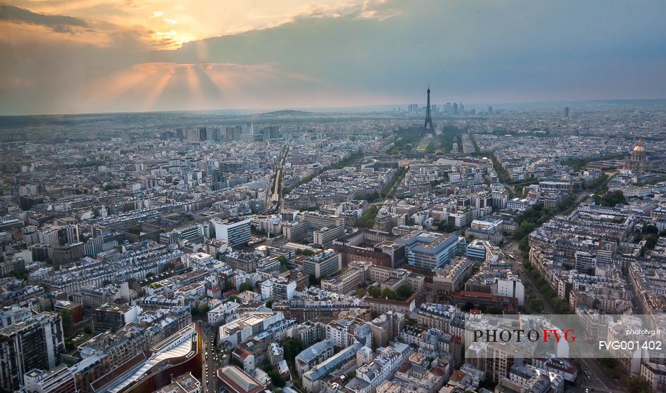 Paris skyline from the 56th floor of the Montparnasse tower at the dusk