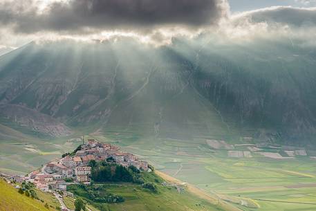 Morning view of Castelluccio, Piano Grande and Monte Vettore under a big cloud Morning view of Castelluccio, Piano Grande and Monte Vettore under a big cloud
