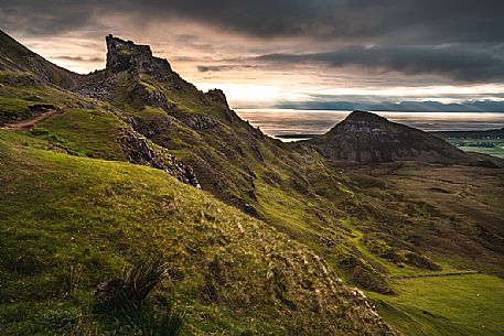 The sunrise over lunar landscape of Quiraing, Trotternish Peninsula in the Isle of Skye, Highands, Scotland, United Kingdom, Europe