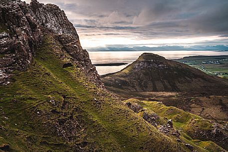 The sunrise over lunar landscape of Quiraing, Trotternish Peninsula in the Isle of Skye, Highands, Scotland, United Kingdom, Europe