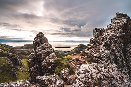 The sunrise over lunar landscape of Quiraing, Trotternish Peninsula in the Isle of Skye, Highands, Scotland, United Kingdom, Europe