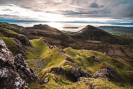 The sunrise over lunar landscape of Quiraing, Trotternish Peninsula in the Isle of Skye, Highands, Scotland, United Kingdom, Europe