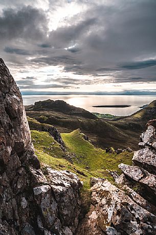 The sunrise over lunar landscape of Quiraing, Trotternish Peninsula in the Isle of Skye, Highands, Scotland, United Kingdom, Europe