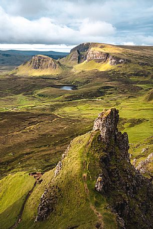 The sunrise over lunar landscape of Quiraing, Trotternish Peninsula in the Isle of Skye, Highands, Scotland, United Kingdom, Europe