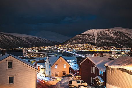 Tromso, view of the city by night from the Fogd Drejers gate 27-33 street, Norway, Europe