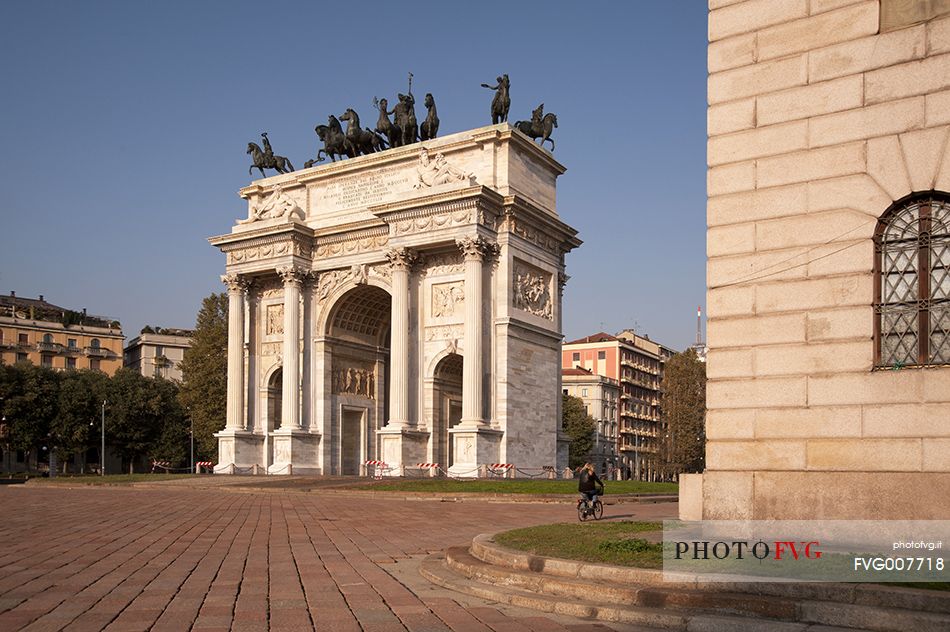 Triumphal arch called Arch of Peace in the middle of the Porta Sempione district