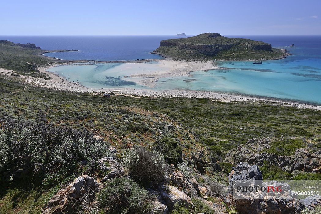 Balos Beach and Imeri Gramvousa Island, view from the hill, Chania, Crete island, Greece, Europe