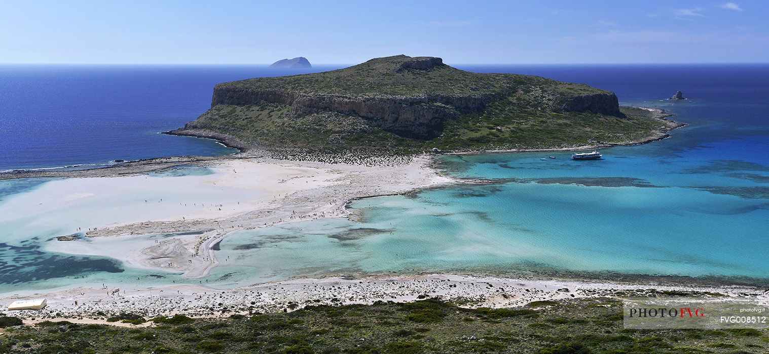 Balos Beach and Imeri Gramvousa Island from above, Chania, Crete island, Greece, Europe