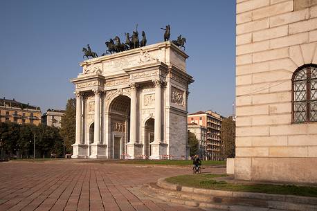 Triumphal arch called Arch of Peace in the middle of the Porta Sempione district