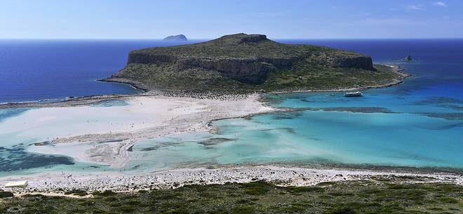 Balos Beach and Imeri Gramvousa Island from above, Chania, Crete island, Greece, Europe