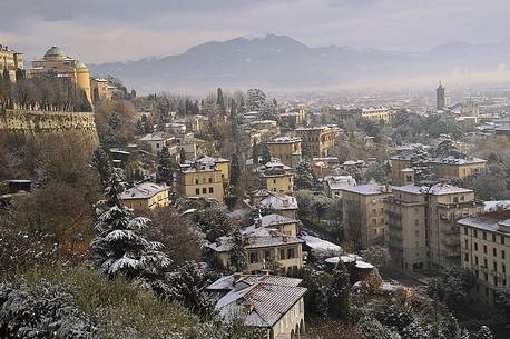 Lower city of Bergamo from Porta San Giacomo after a snowfall