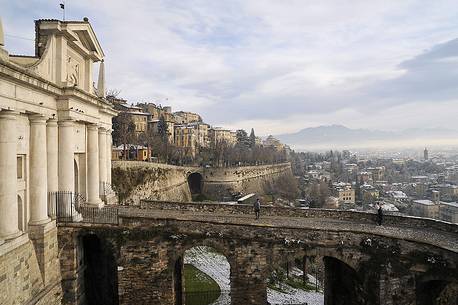 Lower city of Bergamo and Porta San Giacomo after a snowfall
