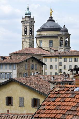 Clock Tower of the Basilica and Dome of the Cathedral in the upper city of Bergamo, view from 