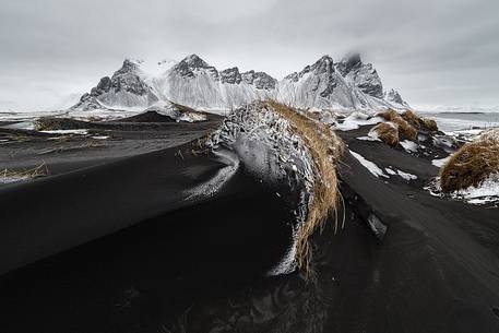 Black and white dunes on Stokksens beach after blizzard