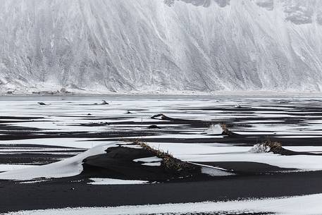 Black and white dunes on Stokksens beach after blizzard