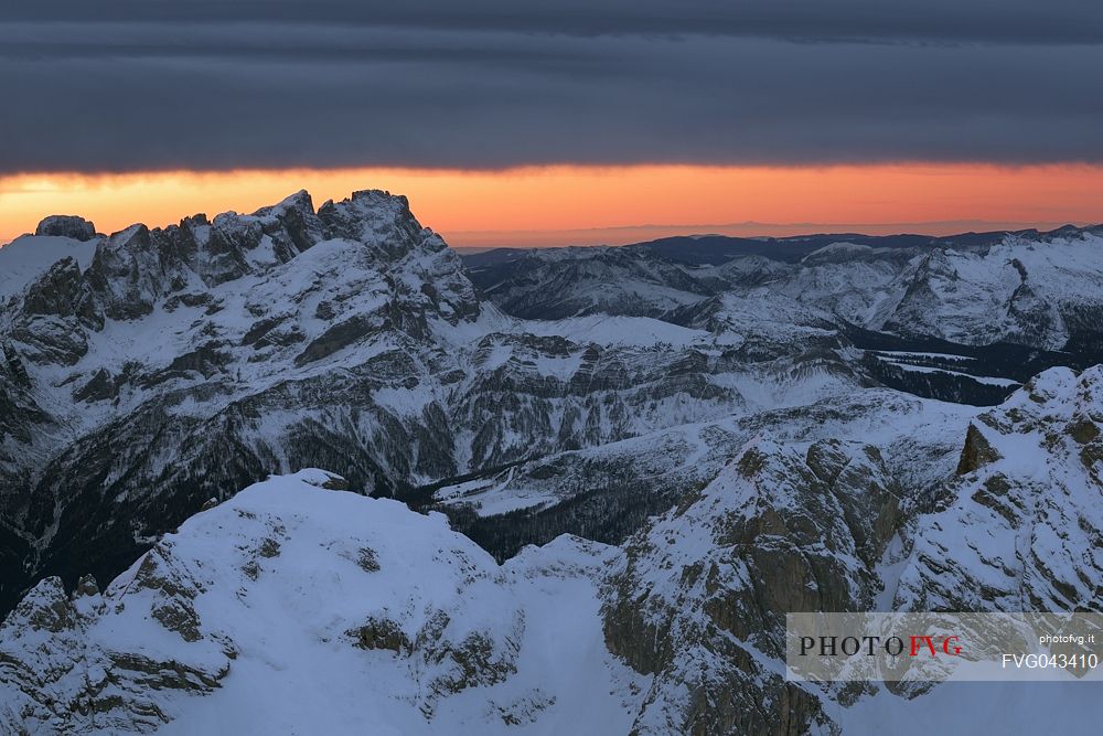 Winter panorama at dawn from Punta Rocca (3265 m), one of the peaks of the Marmolada, dolomites, Veneto, Italy, Europe