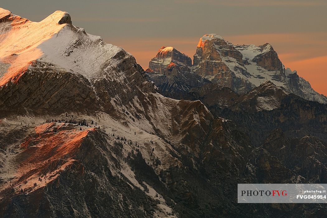 Winter panoramas from Nevegal towards Mount Serva, Mount Pelmetto and Mount Pelmo, Belluno, Veneto, Italy, Europe.